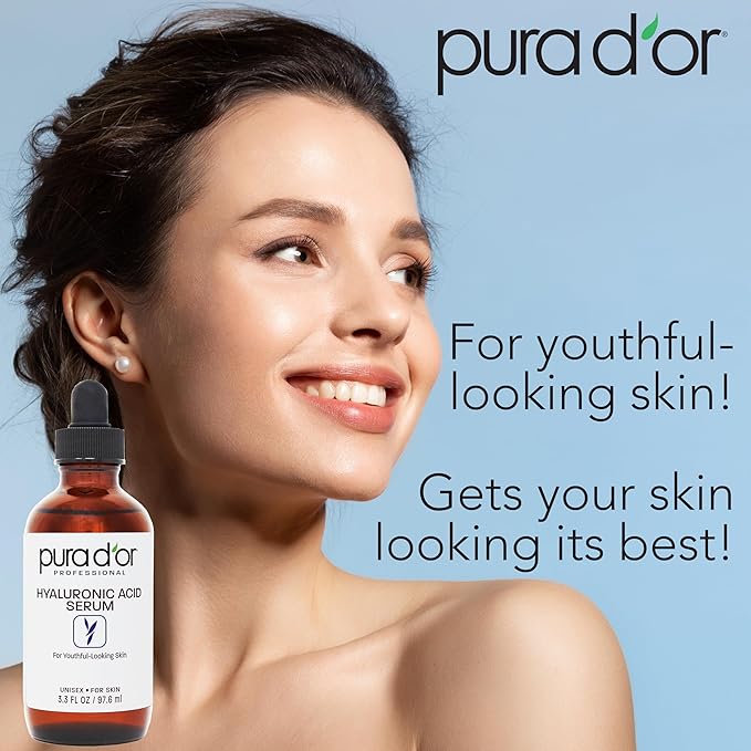 PURA D'OR 3.3 Oz Hyaluronic Acid Serum For Deep Hydration - Anti-Aging, Plumping & Moisturizing Formula For Smooth, Supple Skin - Natural Skincare Boost - Fine Lines & Wrinkle Reducer - Travel Size