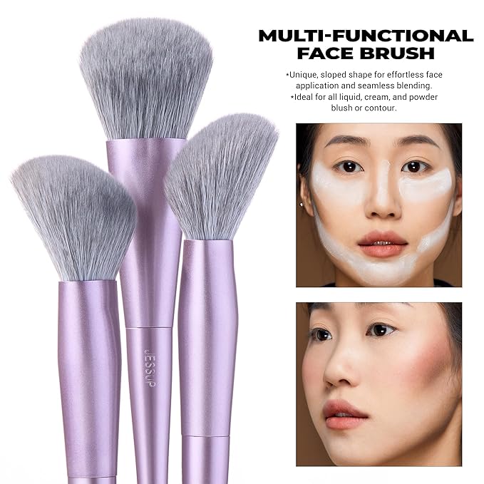 Jessup Face Makeup Brush Set 3 pcs, Ultra-Soft Dense Makeup Brushes for Foundation Contour Powder and Blush, Premium Synthetic Fiber, Luxury Purple T513
