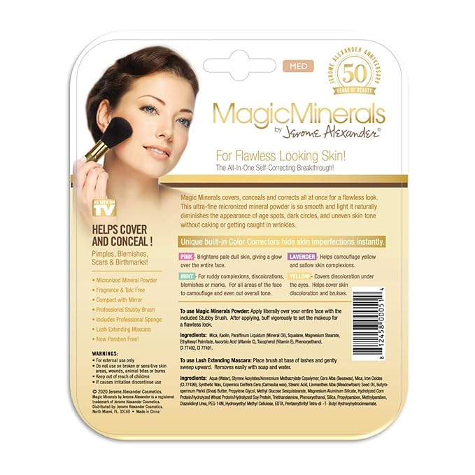 Jerome Alexander MagicMinerals Pressed Mineral Powder Set with Mirror Compact, Extending Lash Mascara, Professional Stubby Brush & Blending Sponge (Medium)