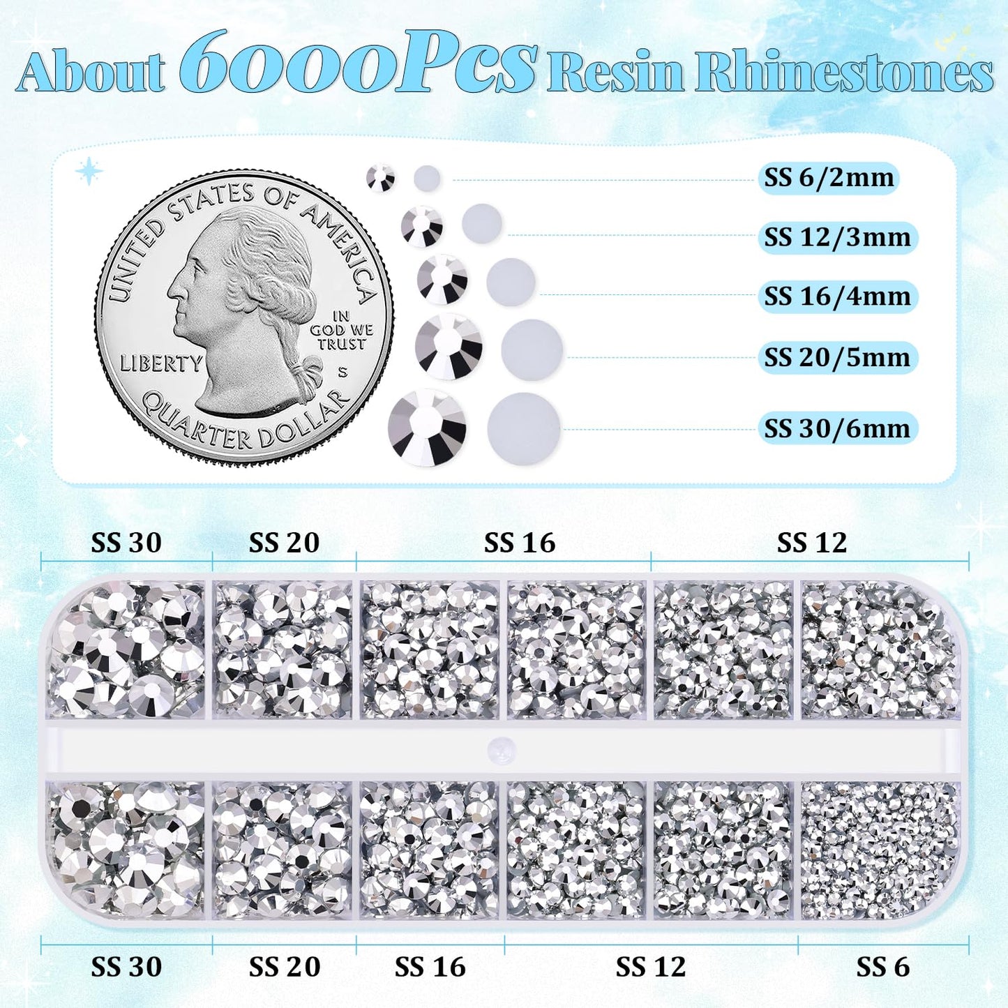 6000Pcs Resin Rhinestones for Bedazzling with 3Pcs B7000 Jewelry Glue, 1 Box Silver Flatback Rhinestones for Crafting Crafts DIY, Crystals Gems for Clothing Shoes Tumblers Nail Art Makeup