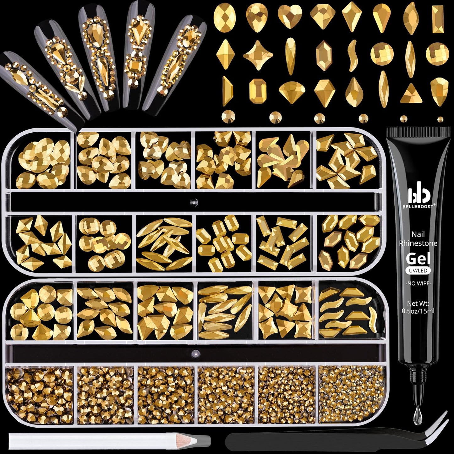 1680Pcs Mineral Gold Glass Nail Rhinestones 180Pcs Multi Shapes Flatback Nail Gems + 1500Pcs 1.5-4mm Round Crystal with Rhinestones Glue Gel, Manicure Nail Charms Diamond Gemstone for Nail Art