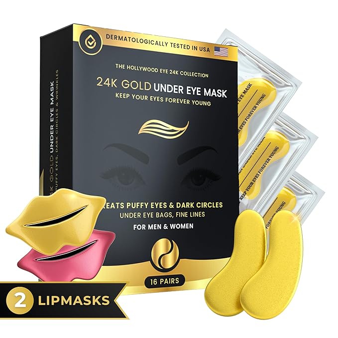 16 Pairs Gold Under Eye Patches with 2 pieces of Lip Mask | Under Eye Mask Dark Circles and Puffiness | Wrinkles Patches with Hydrogel | Collagen Eye Pad