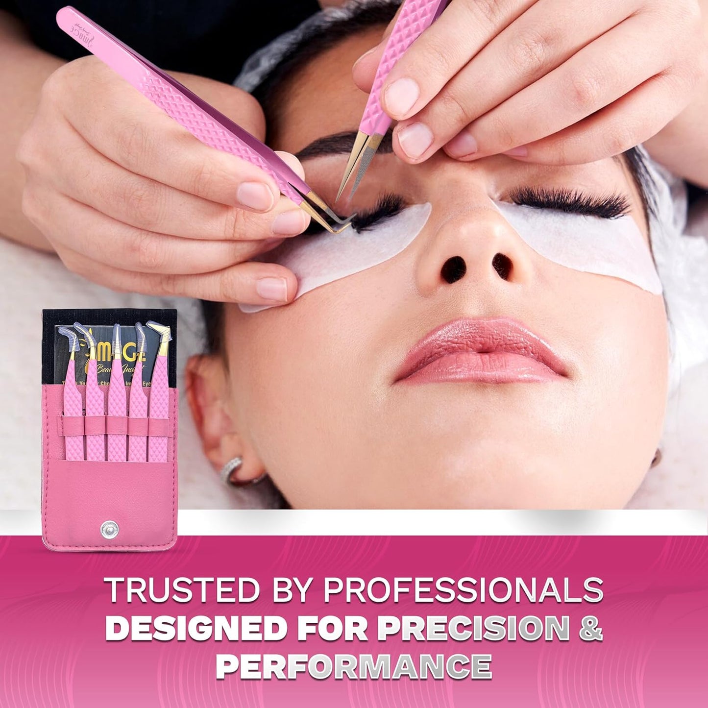5 Pcs Fiber-Tip Japanese Steel Lash Tweezer Set with Leather Case, Professional Eyelash Tweezers for Lash Extensions – Titanium Coated, 90 & 45 Angled, Precision Pointed Tweezers (PINK)
