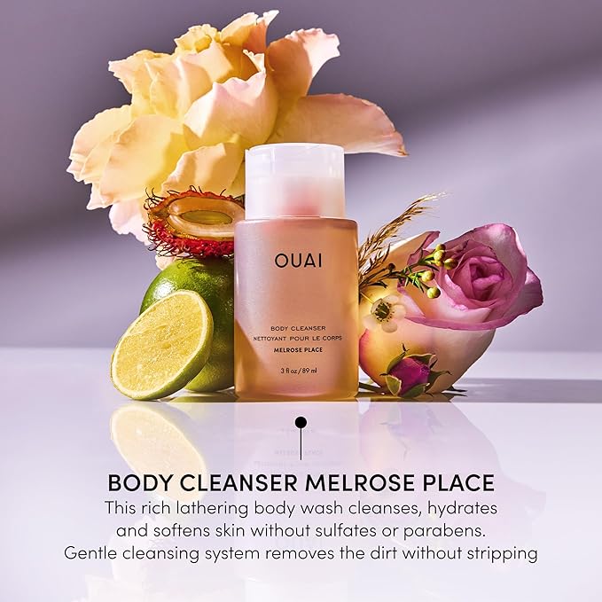 OUAI Body Cleanser Travel Size, Melrose Place - Foaming Body Wash with Jojoba Oil & Rosehip Oil to Hydrate, Balance & Soften Skin - Paraben, Phthalate, Sulfate Free Skin Care Products (3 Fl Oz)
