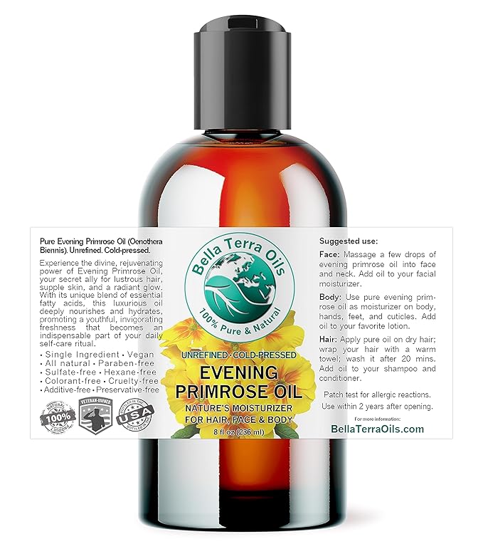 Bella Terra Oils - Organic Evening Primrose Oil 8 oz - Harvested for Excellence, Packed with Nutrients & Omega-6, Perfect Elixir for Enhancing Natural Beauty