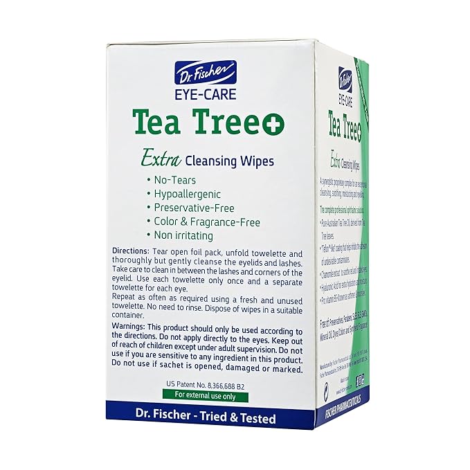 Dr. Fischer Tea Tree Oil Eye Wipes - Eyelid Wipes for Sensitive Eyes with Hyaluronic Acid and Chamomile, Makeup Remover, Daily Cleanser (30 wipes)