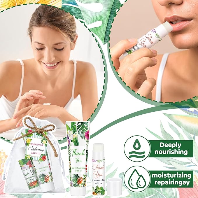 200 Pcs Baby Shower Wedding Party Favors Gift Set, 50 Pcs Baby Shower Hand Cream and 50 Lip Balm for Wedding Bridesmaid Guests Gift Supplies with 50 Organza Bag 50 Thank You Tag(Tropical)