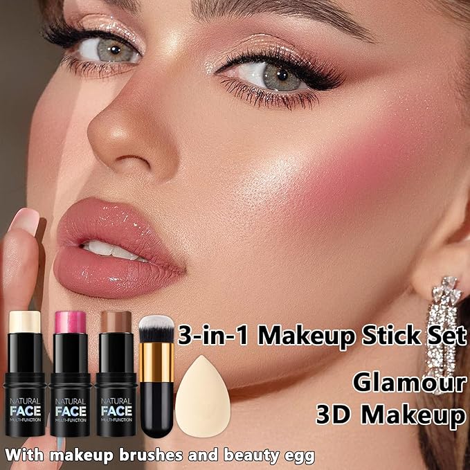 3 Pcs Contour Stick, Highlighter Stick, Blush Stick, Cream Contour Kit with Contour Brush, Create Face Contour, Non-greasy, Waterproof Long-lasting Effect for Women (1+3+4,LIGHT)