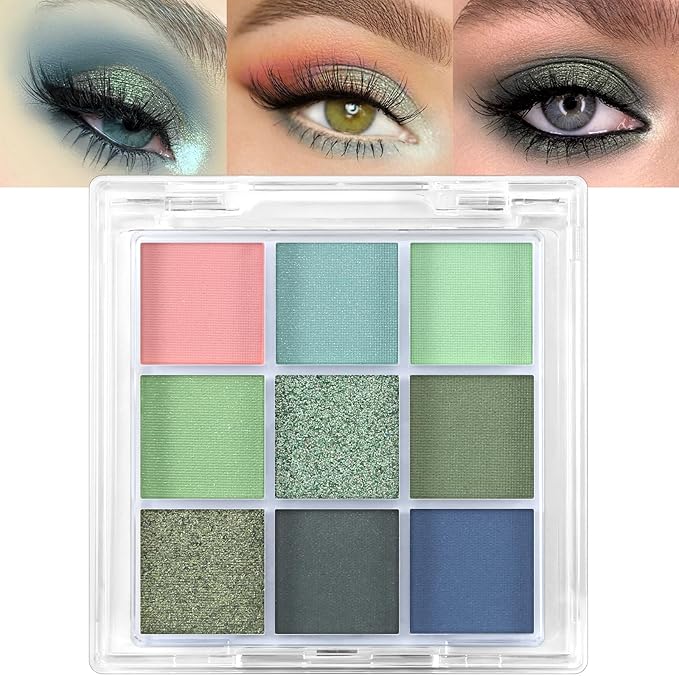 Erinde 9 Colors Eyeshadow Palette, Matte Shimmer Glitter Eye Shadow Palette Makeup, Highly Pigmented Long Lasting Waterproof, Natural Neutral Nude Eyeshadow Make Up Pallet, Blue Green