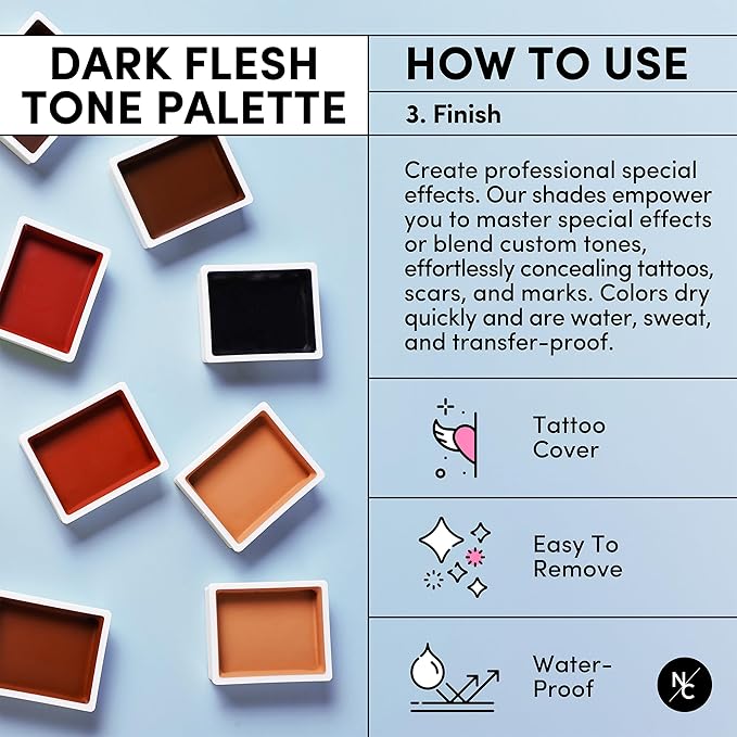 12 Color Dark Flesh Tone Alcohol Activated Makeup Palette Kit - Includes Alcohol Activator and Moisturizing Remover - Waterproof Makeup for Professional Makeup Artists