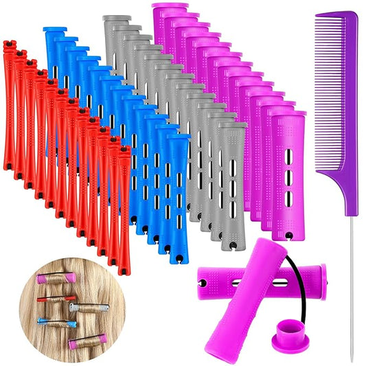 48 Pieces Hair Perm Rods Short Cold Wave Rods Plastic Perming Irons Hair Curling Rollers Curlers with Steel Pintail Comb Rat Tail Comb for Hairdressing Styling Supplies(4 Sizes,4 Colors)