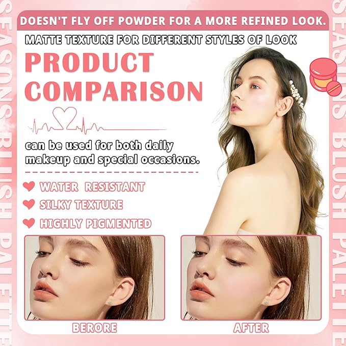 4 Colors Blush Palette for Cheeks,Face Matte Contour Blush Makeup Palette,Buildable Shimmer Facial Cheek Blusher Shades,Blendable Cosmetic Makeup Blush with Blush Brush 02