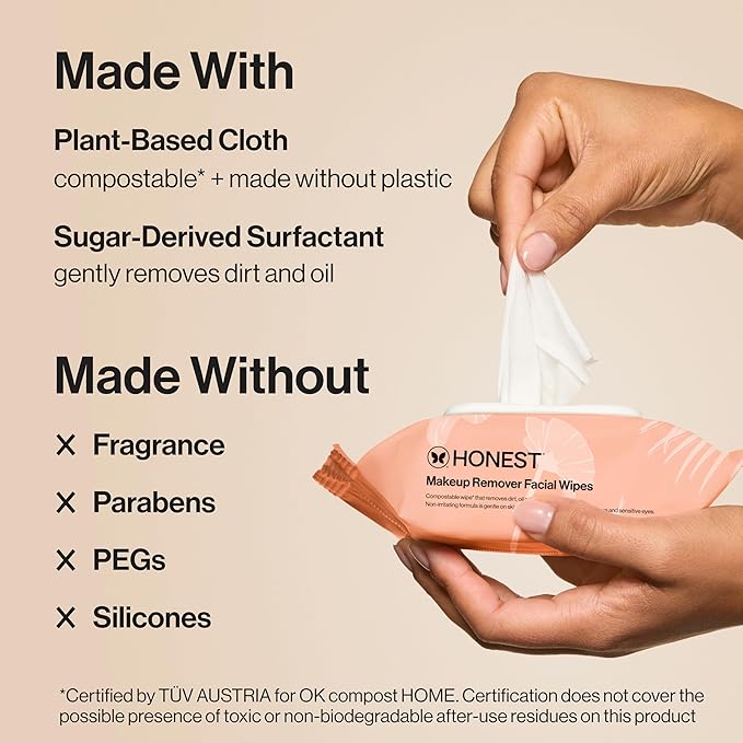 Honest Beauty Fragrance Free Cleansing Makeup Remover Facial Wipes | Plant Based, Hypoallergenic, Gentle for Sensitive Skin | 30 Count