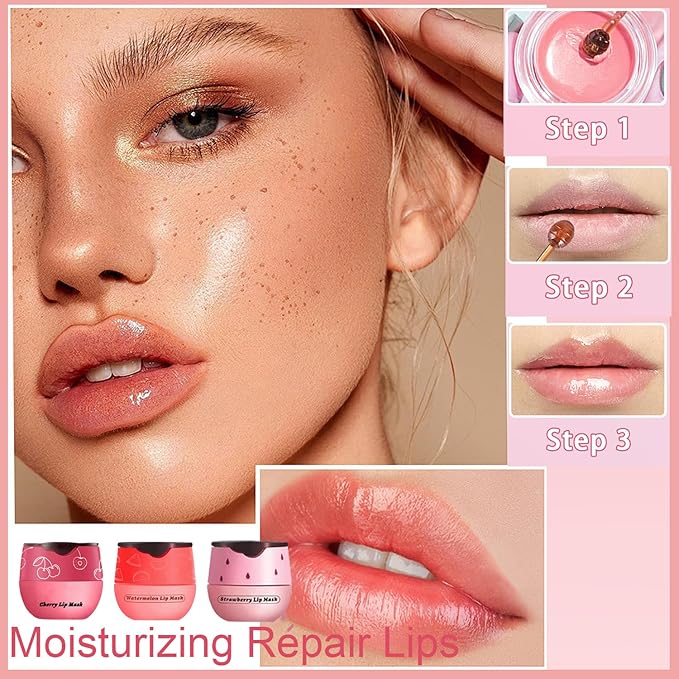 3PCS Bee Lip Balm Honey Pot, Exfoliating Strawberry Cherry Watermelon Bee Lip Balm Sleeping Lip Mask Overnight with Sticks, Honey Pot Lip Balm Prevention Dry Hydrating and Crack Lip Scrubs