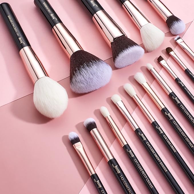 Jessup Makeup Brushes, Labeled Makeup Brush Set Premium Synthetic and Natural Hair Foundation Powder Concealer Eyeshadow Blending 15pcs Brush Kit, Rose Gold/Black T160