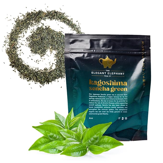 Japanese Sencha Green Tea, Organic Loose Leaf Sencha Tea – Antioxidant & Detox Support – Refreshing Hot or Iced Green Tea – 4 oz Resealable Bag (Makes 50 Cups) – The Elegant Elephant
