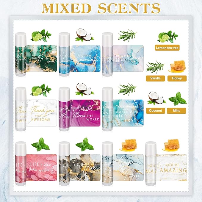 50 Sets Inspirational Lip Balm Gifts Moisturizing Lip Balm Bulk Thank You Lipstick for Guest 5 Flavors Marble Style Lip Balm with Organza Bags for Family Reunion Favor Women Stocking Gift Stuffers