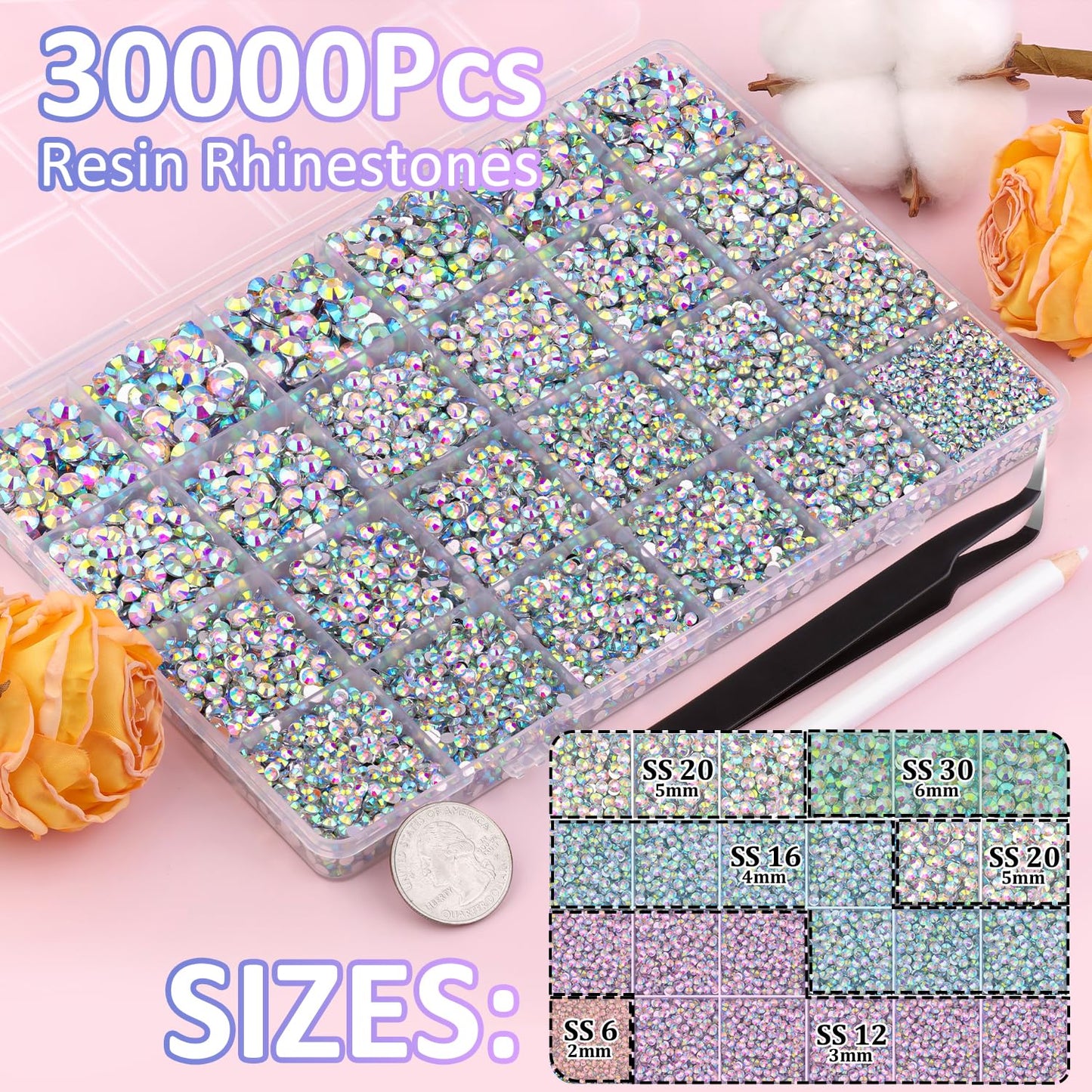 30000Pcs AB Rhinestones for Bedazzling with B7000 Jewelry Glue, Bedazzler Kit Flatback Gems, Resin Rhinestones for Crafting Crafts Clothing Shoes Fabric Nail Art Assorted Size 2/3/4/5/6mm