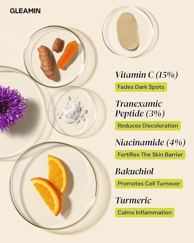 Gleamin Superactive Vitamin C Serum for Face with 15% Vitamin C, Niacinamide, Bakuchiol & Hyaluronic Acid – Skin Brightening Facial Serum for Women & Men – Dark Spot Remover & Radiant Glow – 1 fl oz