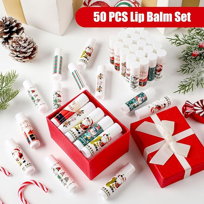 50 Pcs Pink Princess Lip Balm Bulk Pink Girl Lip Care Products Pink Girl Birthday Party Supplies Princess Party Gifts for Kids Women Bachelorette Party Bridal Baby Shower(Classic Christmas Styles)