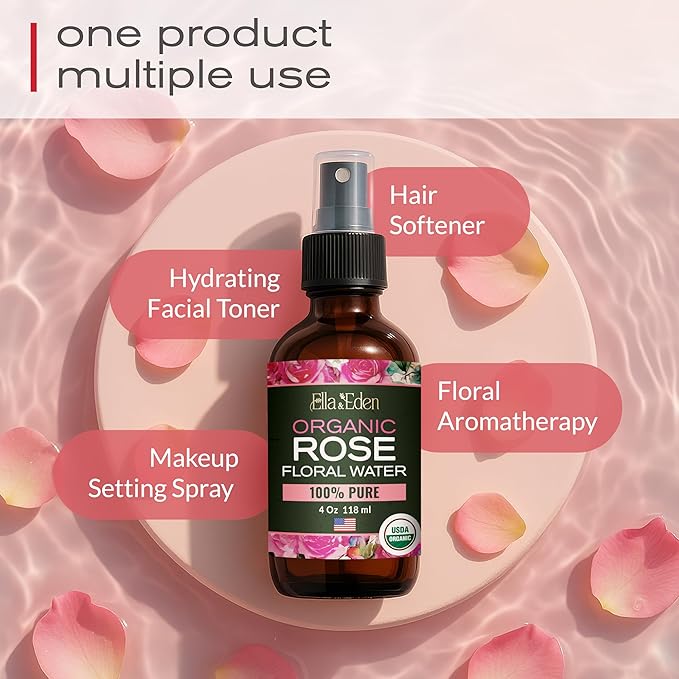 Ella & Eden Organic Rose Water Spray for Face, Hair 4 Fl Oz | USDA Certified 100% Pure Steam Distilled Hexane-Free | Hydrating, Refreshing Facial Mist for All Skin Types