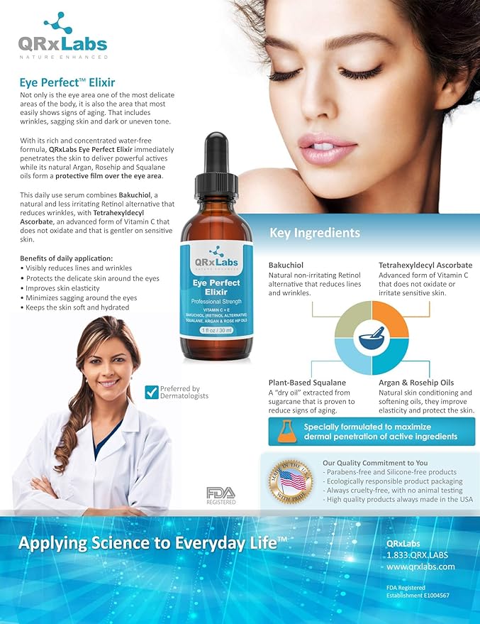 Eye Perfect Elixir - With Bakuchiol (Retinol Alternative), Pure Argan and Rosehip Oils, Squalane, Vitamin C & E - Best Anti-Aging Treatment Serum for Bags, Puffiness, Wrinkles, Crow Feet