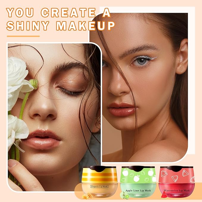 3PCS Bee Lip Balm Honey Pot Honey Watermelon Green Apple Lip Balm Lip Sleeping Mask Moisturizing Hydrating Bee Lip Balm Lip Care Products for All Skin Types (Honey Watermelon Green Apple)