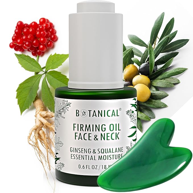 Botanical Face & Neck Firming Oil | Anti-Wrinkle Ginseng & Squalane Serum w/Gua Sha Lift Scraper | Organic, Pure, Natural Skincare (0.6 fl oz | 18 ml)