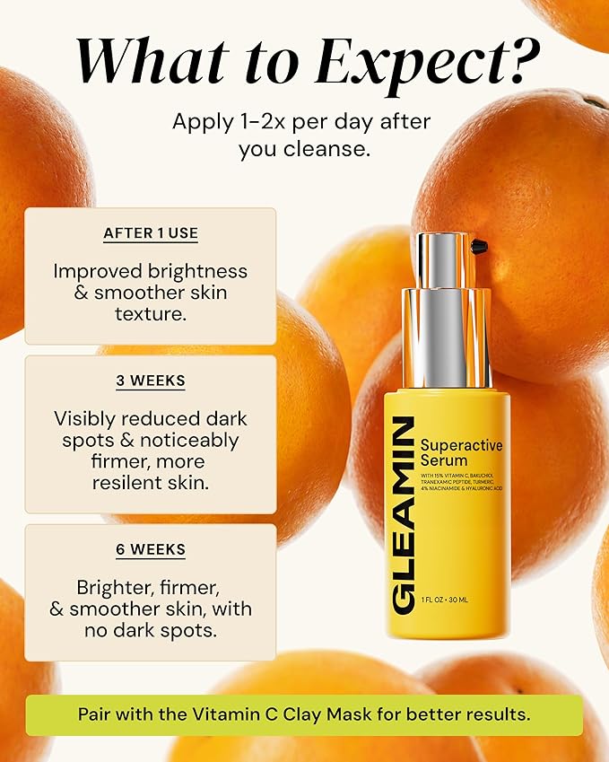 Gleamin Superactive Vitamin C Serum for Face with 15% Vitamin C, Niacinamide, Bakuchiol & Hyaluronic Acid – Skin Brightening Facial Serum for Women & Men – Dark Spot Remover & Radiant Glow – 1 fl oz