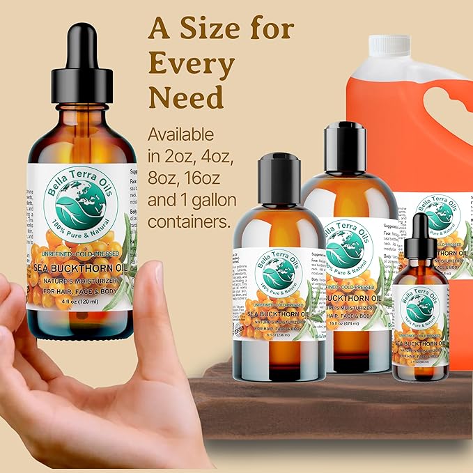 Bella Terra Oils - Organic Sea Buckthorn Oil 2 oz - Dive into Rich Essence of Organic Sea Buckthorn Berry, Packed with Vitamin C, E, & A, Omega-Fatty Acids Delight for Face