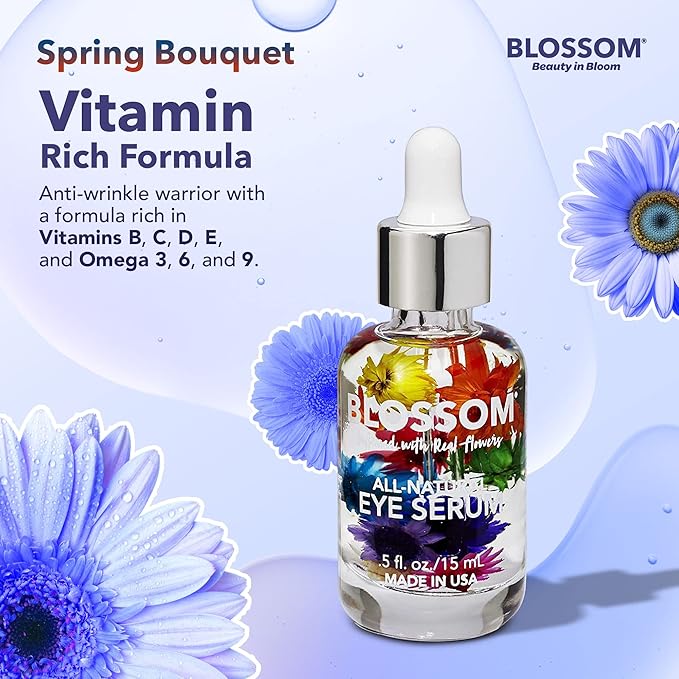 Blossom All Natural Organic Cruelty Free Moisturizing Eye Serum with Essential Oils, Infused with Real Flowers, Made in USA, 0.5 fl. oz., Spring Bouquet
