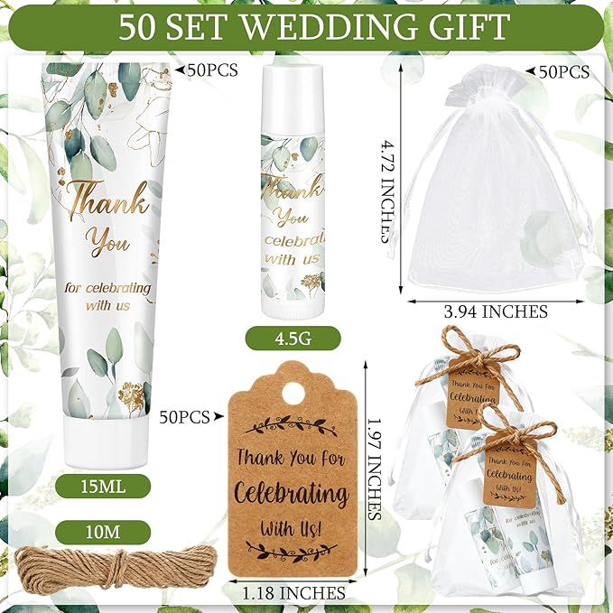 200 Pcs Baby Shower Wedding Party Favors Gift Set, 50 Pcs Baby Shower Hand Cream and 50 Lip Balm for Wedding Bridesmaid Guests Gift Supplies with 50 Organza Bag 50 Thank You Tag(Eucalyptus)