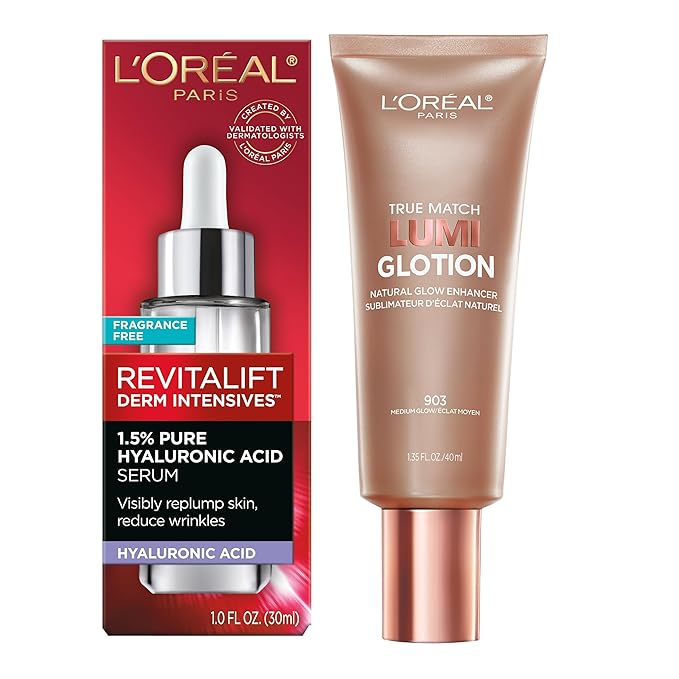 L'Oreal Paris Revitalift 1.5% Pure Hyaluronic Acid Face Serum 1.0 oz + True Match Lumi Glotion Natural Glow Enhancer Lotion, Medium 1.35 fl. oz, 1 kit