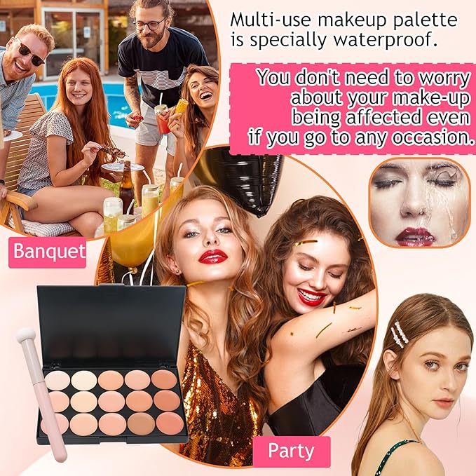 15 Colors Cream Contour Palette,Lightweight Concealer Full Coverage Contouring Liquid Foundation Palette,Multi-use Blendable Color Corrector Concealer Palette with Makeup Sponge