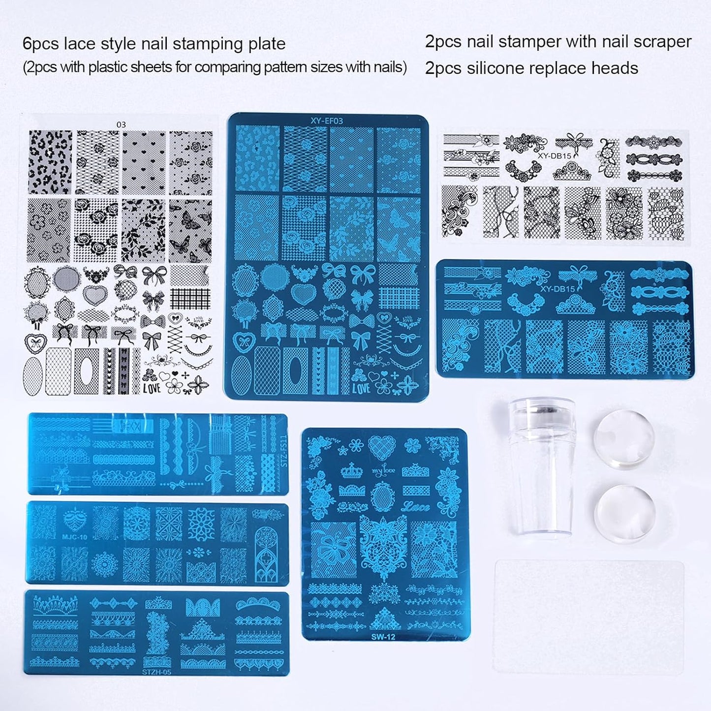 6pcs Lace Flower Design Nail Stamping Plate Kit With French Tip Nail Stamper Kit Ribbon Bow Knot Nail Stencil Reusable Stainless Steel Manicure Tool Nail Supplies for Salon DIY