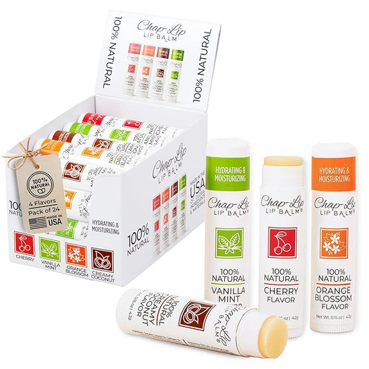 100% Natural Lip Balm Set - Hydrating and Moisturizing Beeswax Natural 4 Flavor Assortment - Lip Moisturizer for Dry Lips - Cocoa Butter - Petroleum Free Pack of 24