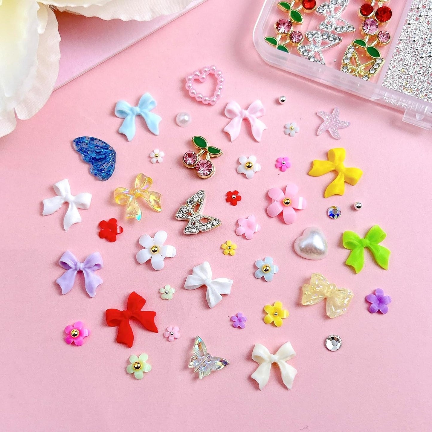 3D Colorful Flower Nail Charms, Flatback Pearl Bow Nail Charms and Gems, Alloy Cherry Butterfly Charms for Nails Design, Gold Caviar Beads Nail Rhinestones Manicure Charms for Practical DIY Tools