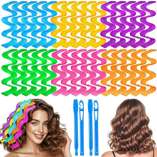 30 Pcs Heatless Hair Curlers Wave Curls Styling Kit with 2 Pcs Styling Hooks, No Heat Hair Curlers Heatless Wave Curlers for Women Girls Long Medium Short Hair (6 Colors, 30 cm/11.81 inch)