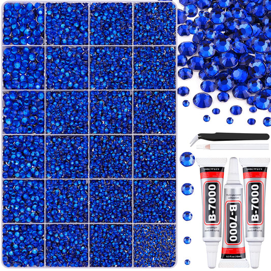 30000Pcs Resin Royal Blue Rhinestones for Bedazzling Crafting with b7000 Jewelry Glue, Bulk Flatback Gems Bedazzler Kit for Crafts Clothes Shoes Fabric Nail Diamond Art, Assorted Size 2/3/4/5/6mm