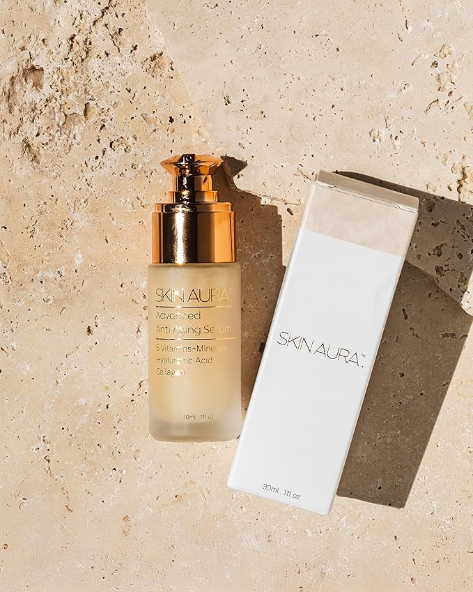 SKIN AURA Advanced Anti-Aging Serum - All-In-One Formula Visibly Improves Wrinkles, Fine Lines & Age Spots with 5 Vitamins + Minerals, Hyaluronic Acid & Collagen Peptides - 30ml (1oz)