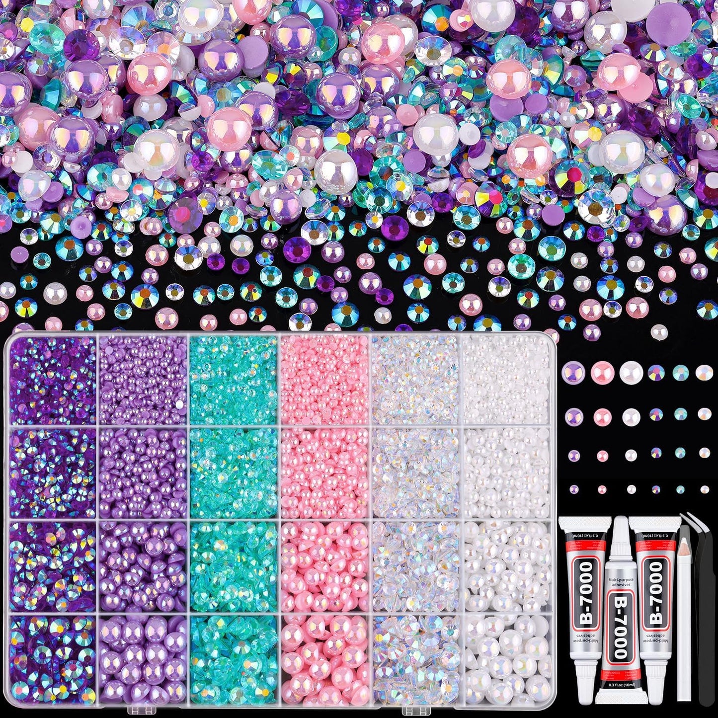 9000PCS Flatback Pearls and Rhinestones for Crafting, Pink Purple 3-10mm Resin Rhinestones and Half Pearls for Bedazzling, Nail Art and Dec with 3pcs B7000 Jewelry Glue, Tweezer and Pickup Pencil