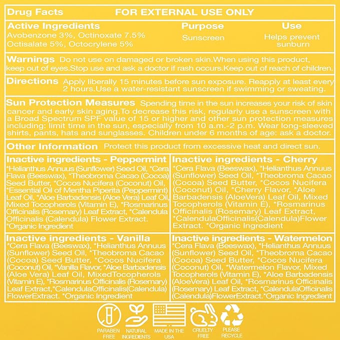 4-Pack Variety SPF 15 Lip Balm - Organic Ingredients, Broad Spectrum UVA/UVB Protection - Hydrating & Moisturizing, USA Made