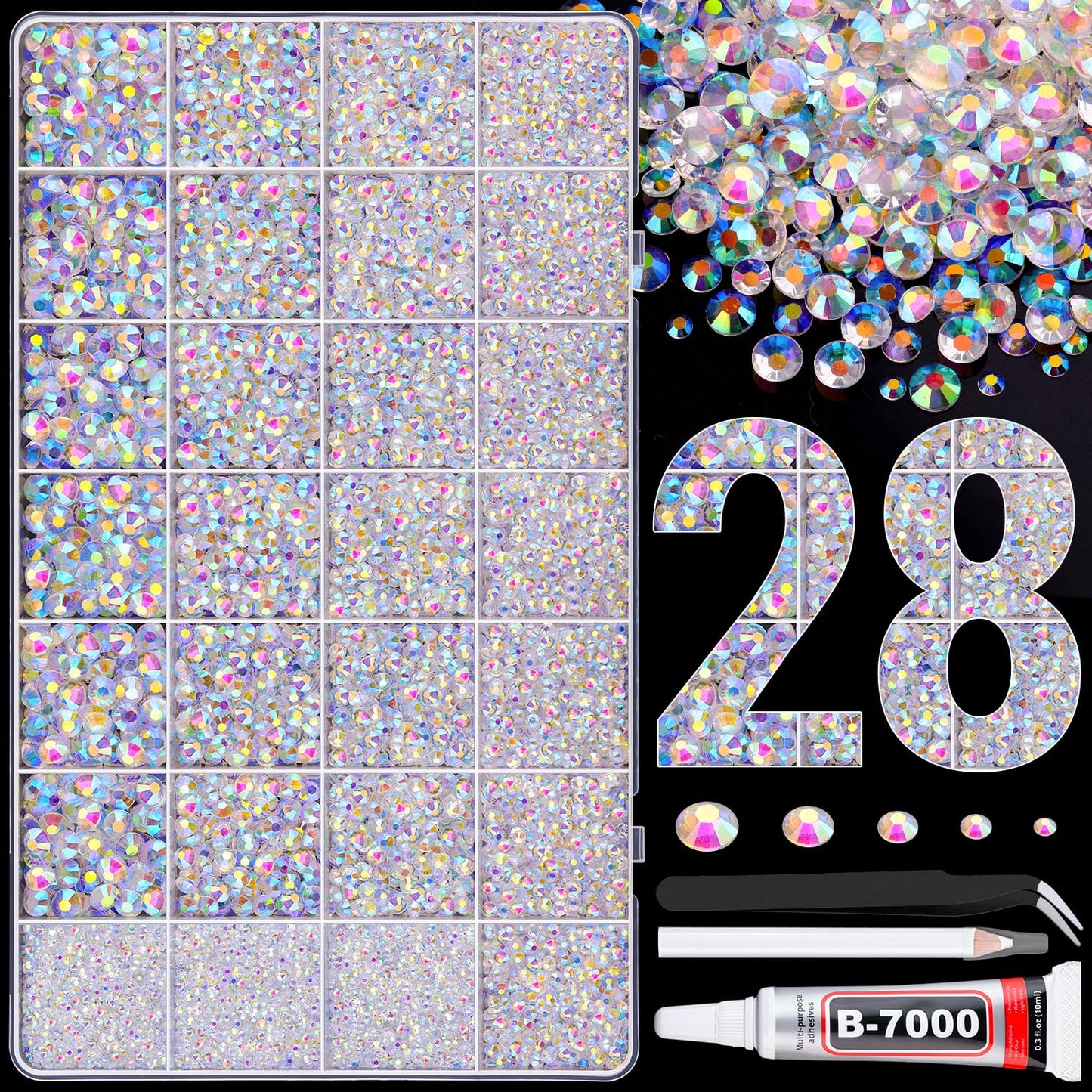 30000Pcs Resin Rhinestones for Bedazzling with Tweezers, Transparent AB Rhinestones for Crafting with B7000 Jewelry Glue for DIY Crafts Clothing Tumblers Shoes Fabric Nail Art