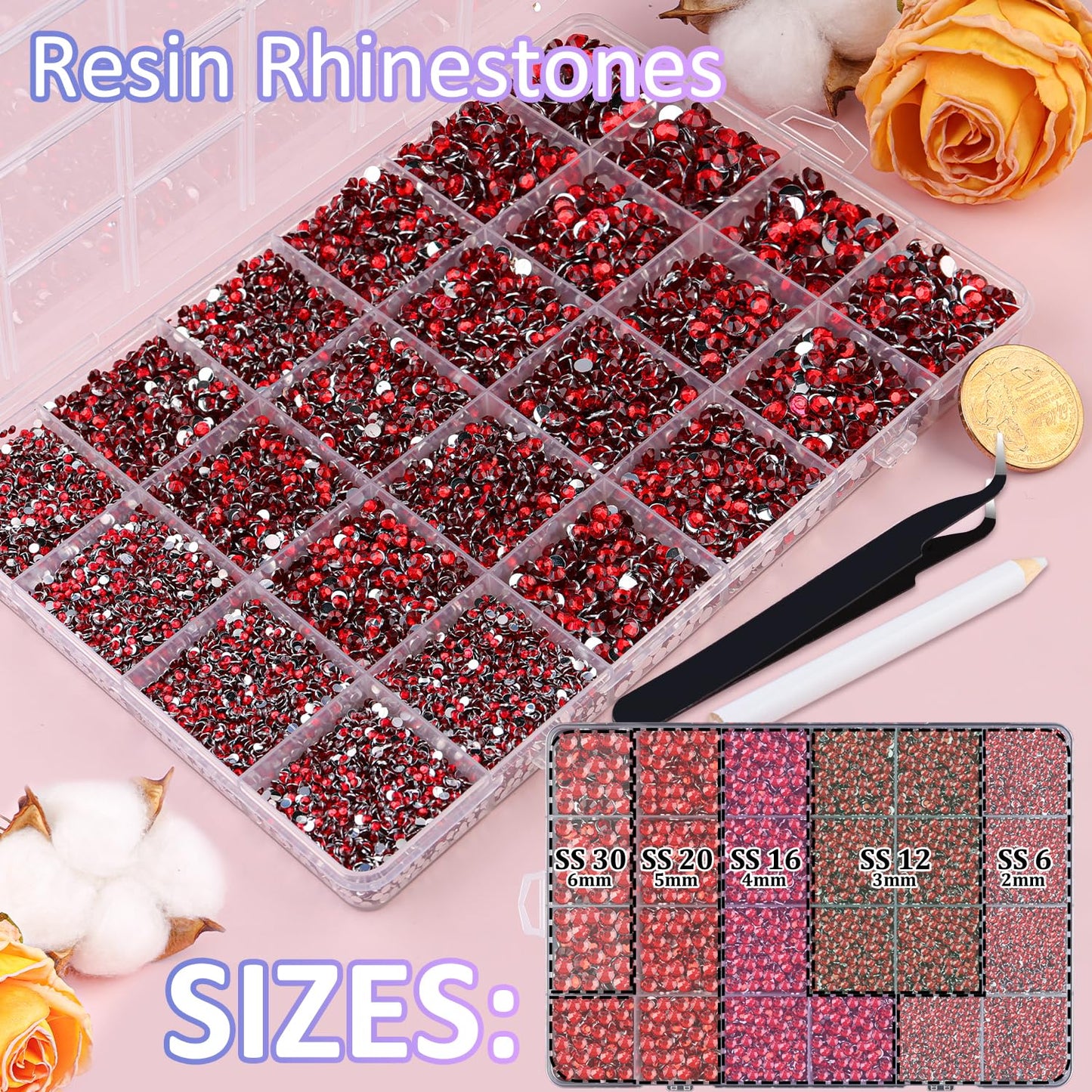 30000Pcs Resin Rhinestones with Tweezers for Crafting, Red Flatback Gems, Bedazzling Crystal with 3Pcs 10ml B7000 Jewelry Glue for DIY Crafts Clothing Tumblers Shoes Fabric Nail Art