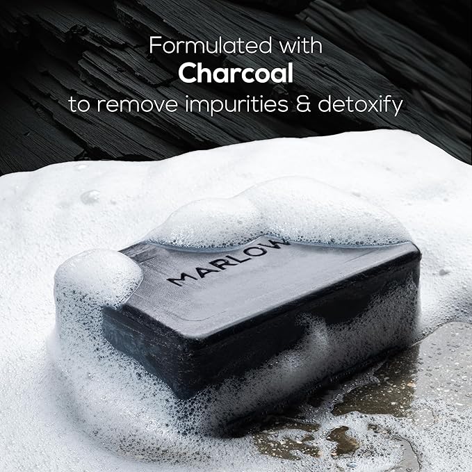 MARLOWE. No. 106 Charcoal Soap 7 oz (12 Bars) Body Bar Soap for Men, Cleansing, Purifying & Hydrating with Natural Extracts, Shea Butter, Olive Oil & Green Tea Extracts, Fresh Woodsy Scent