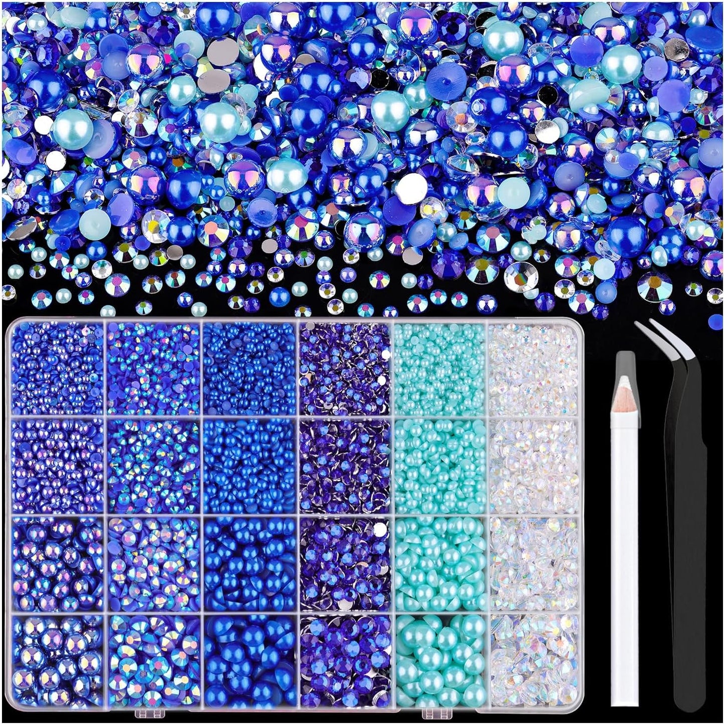 9000PCS Flatback Pearls and Rhinestones for Crafting, Dark Blue Mixed Size 3-10mm Resin Rhinestones and Half Pearls for Bedazzling, Nail Art and Decoration with Tweezer and Pickup Pencil