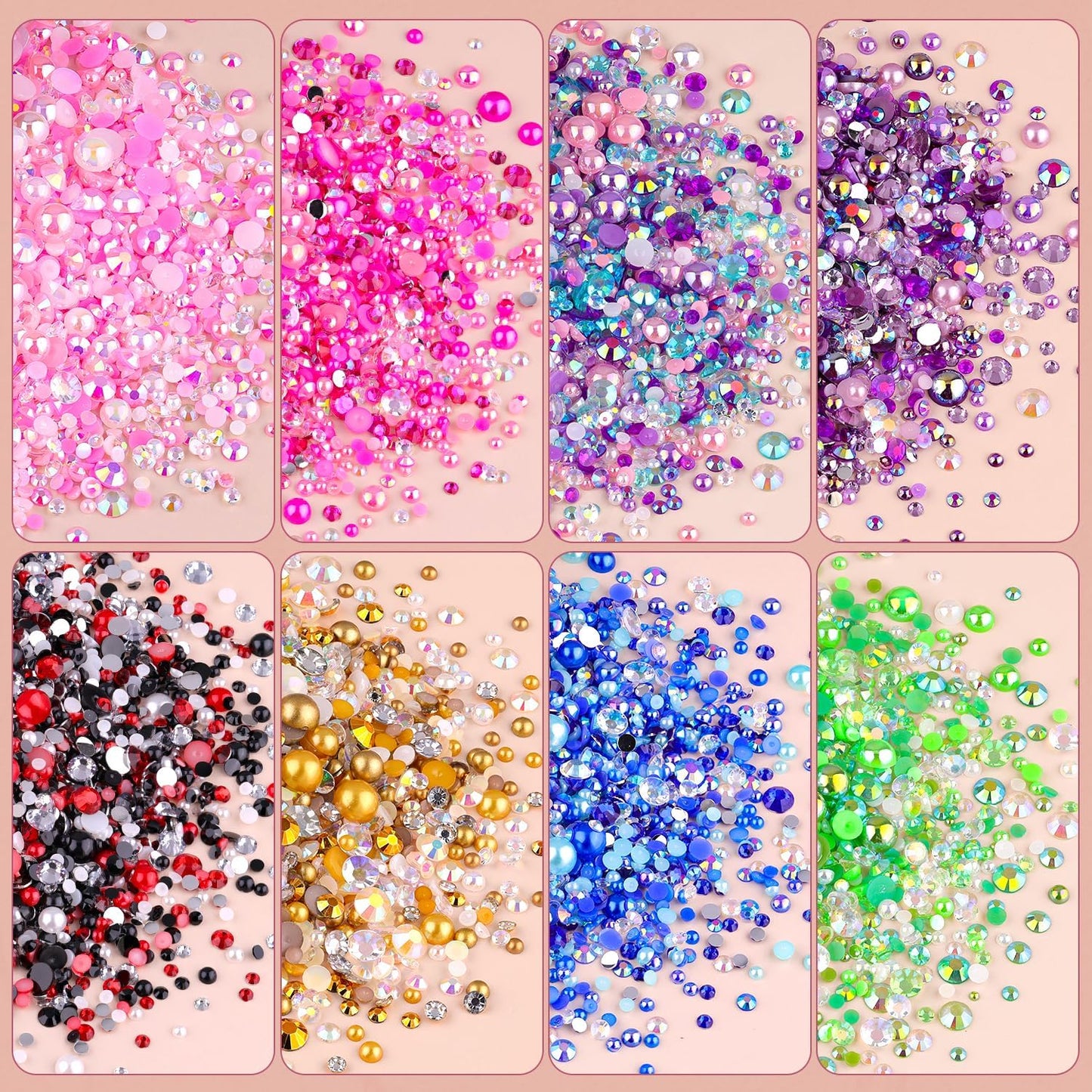 9000PCS Flatback Pearls and Rhinestones for Crafting, Green Mixed Size 3-10mm Resin Rhinestones and Half Pearls for Bedazzling, Nail Art and Decoration with Tweezer and Pickup Pencil